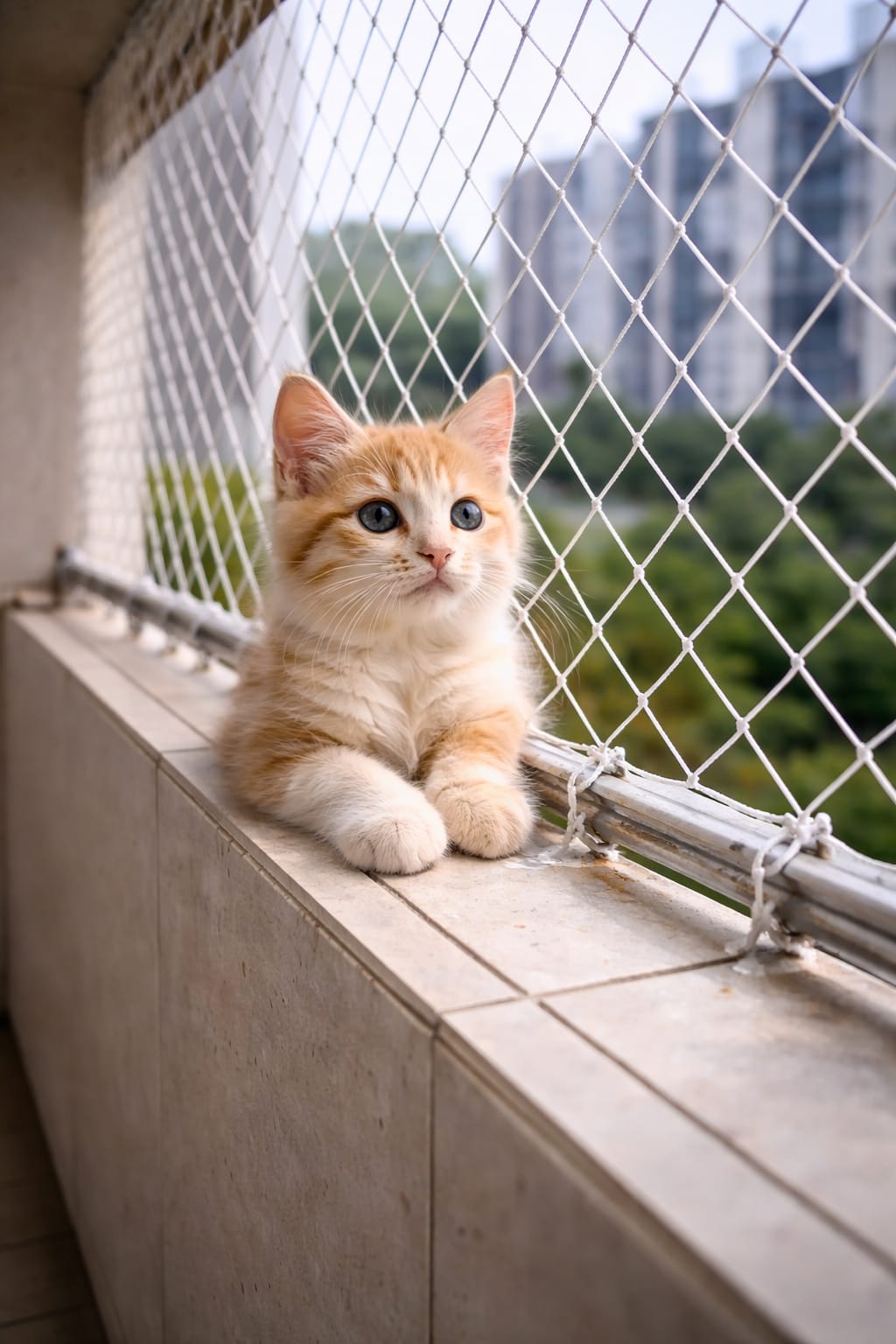 Gato protegido en balcón con malla de seguridad